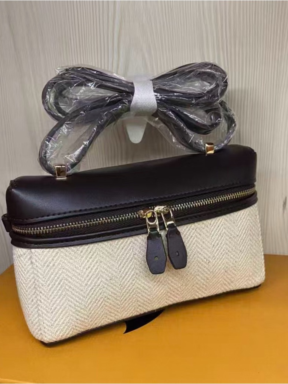 Cream and Black Textured Cosmetic Case with Removable Strap - Picture 2 of 5